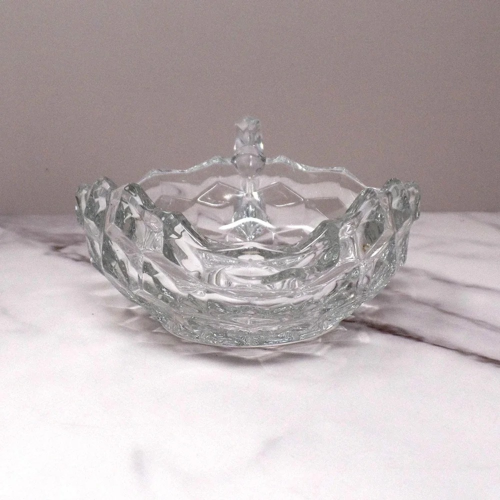 Vintage Fostoria American Clear (2056) Handled Three-cornered Nappy Bowl #501